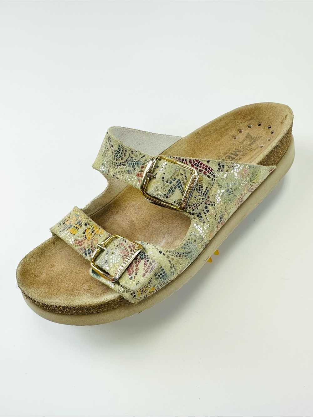 Mephisto Leather Cork Footbed Sandals Floral Buckle Comfort Slides Size 37